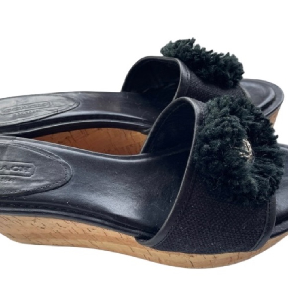 COACH Jazmin Black Leather 
Canves Cork Platform Wedge Sandals - Picture 6 of 6
